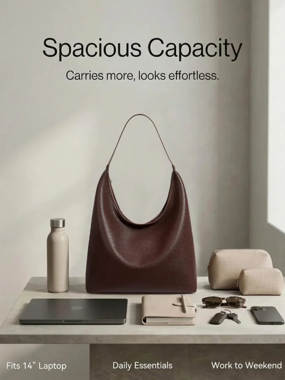 Spacious Vegan Leather Hobo Bag, Soft Shoulder Tote with Zipper & Pockets, Fits
